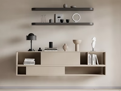 Modern Minimalist Wall Mounted Beige Shelf Unit With Books Decorative Vases And Sculptures 3d model