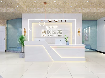 Modern Medical Beauty Clinic Reception Area With White Marble Desk And Hanging Lights 3d model