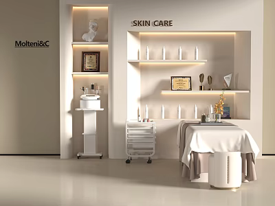 Elegant SPA Skin Care Interior With Skincare Products On Shelves And Treatment Bed 3d model