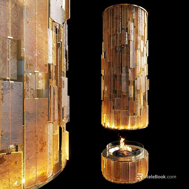 Modern Fireplace Design With Stone Decorative Panels And Burning Flame In Interior 3d model