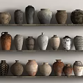Assorted Ceramic Vessels Display on Three Shelves with Various Colors Shapes and Textures 3d model
