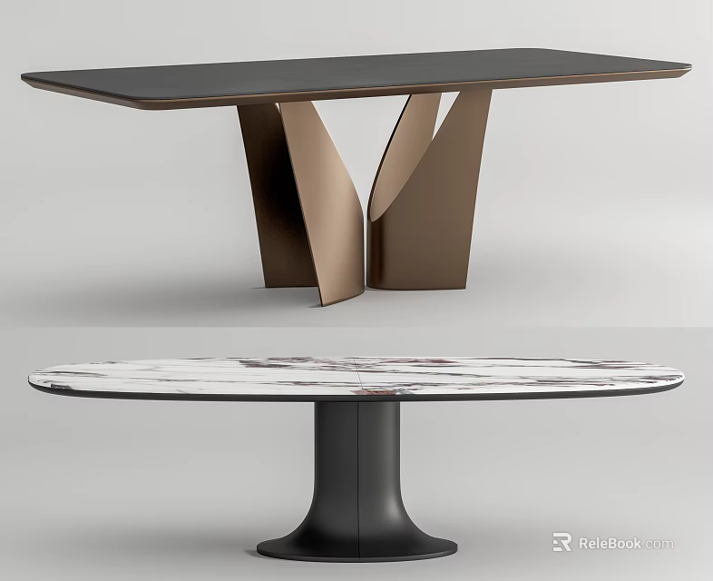 Modern Dining Tables With Rectangular Black Top Gold Geometric Legs Round Marble Top Black Cylindrical Base 3d model