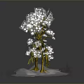 Fantasy Game Character Tree With White Flowers Yellow Green Trunk Gray Background And White Mist