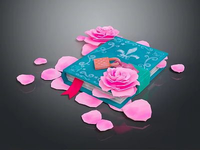 Elegant Decorative Blue Book With Rose Petals Red Bookmark And Small Key 3d model