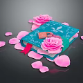Elegant Decorative Blue Book With Rose Petals Red Bookmark And Small Key