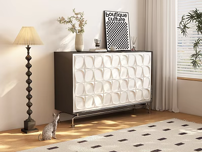 Modern Entryway Console Cabinet With Black White Geometric Pattern Metal Legs And Decorative Painting 3d model