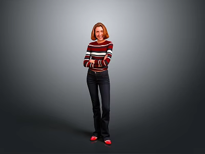 Woman in red and black striped sweater standing with crossed arms against gray background 3d model