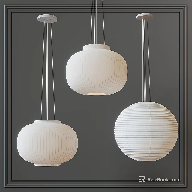 Three White Round Striped Design Pendant Lights Hanging Against Dark Background 3d model