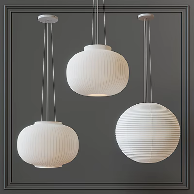 Three White Round Striped Design Pendant Lights Hanging Against Dark Background 3d model
