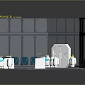 Indoor Simulation Pod Interior With White Robots Blue Seats And Yellow Line Floor 3d model