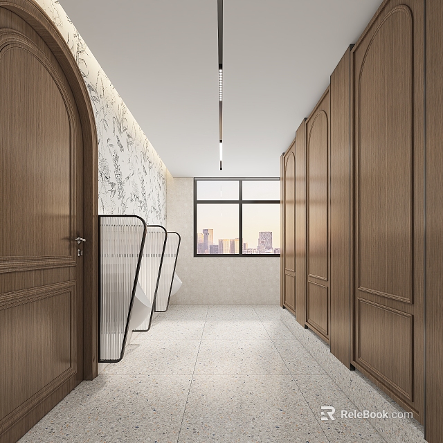 Modern Public Restroom Interior With Wooden Partitions And City View 3d model 