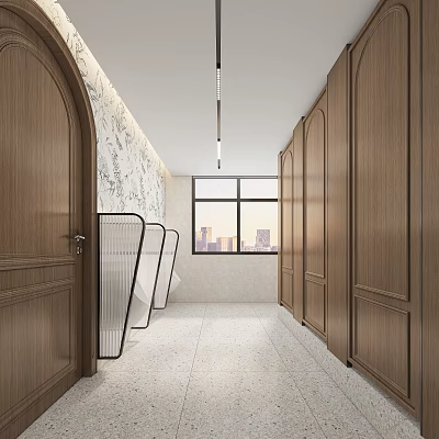 Modern Public Restroom Interior With Wooden Partitions And City View 3d model