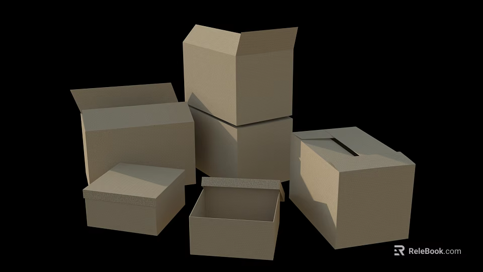 Multiple Cardboard Boxes in Various Sizes Open and Stacked on Black Background 3d model 