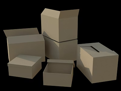 Multiple Cardboard Boxes in Various Sizes Open and Stacked on Black Background 3d model
