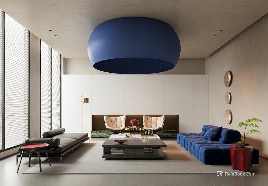 Spacious Modern Sales Office Interior Featuring Large Blue Pendant Light Comfortable Sofa and Fireplace 3d model 
