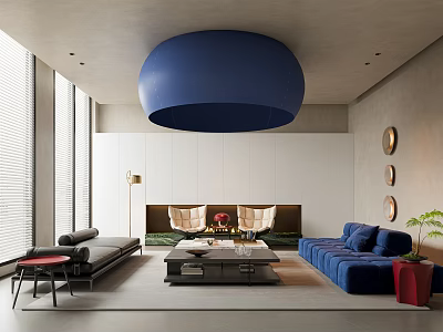 Spacious Modern Sales Office Interior Featuring Large Blue Pendant Light Comfortable Sofa and Fireplace 3d model