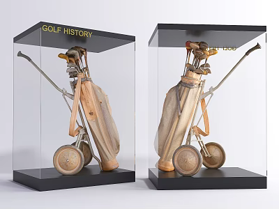 Golf History Display Shelves Showcasing Vintage Golf Clubs Bag and Cart 3d model