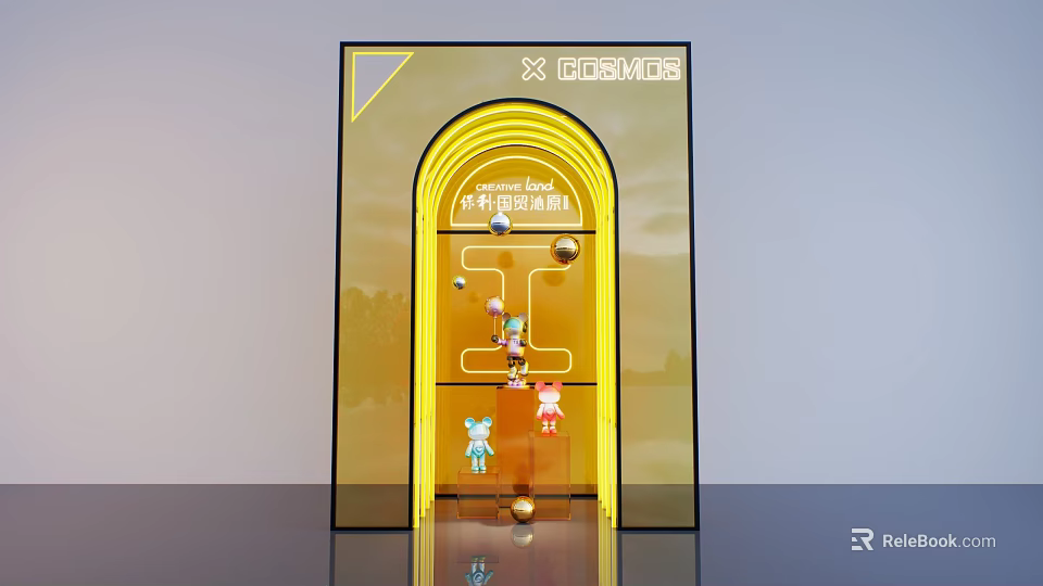 Yellow Display Cabinet with Arched Door Featuring Trendy Toy Figures and Sweet Box Design 3d model 