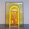 Yellow Display Cabinet with Arched Door Featuring Trendy Toy Figures and Sweet Box Design