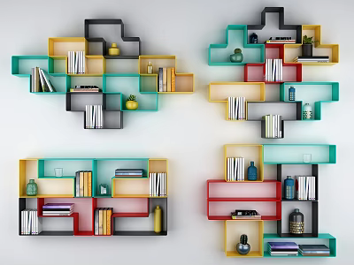 Modern Colorful Geometric Wall Mounted Bookcase With Books Vases And Decorative Ornaments 3d model
