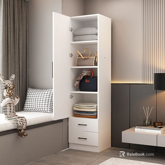 White Open Wardrobe with Folded Clothes Bags and Drawers in Cozy Bedroom with Window Seat 3d model 
