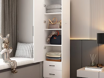 White Open Wardrobe with Folded Clothes Bags and Drawers in Cozy Bedroom with Window Seat 3d model