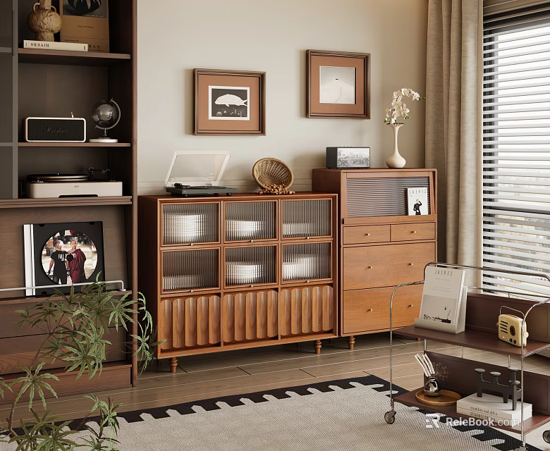 Wooden Sideboard with Glass Doors Bowls Drawers Framed Pictures and Vase Plant in Interior 3d model 