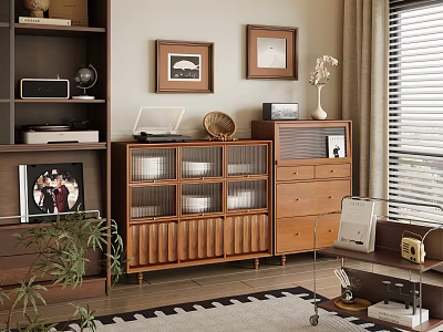 Wooden Sideboard with Glass Doors Bowls Drawers Framed Pictures and Vase Plant in Interior 3d model