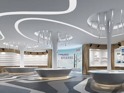 Modern Exhibition Hall Interior Design With Curved Ceiling White Display Platforms And Wood Grain Walls 3d model