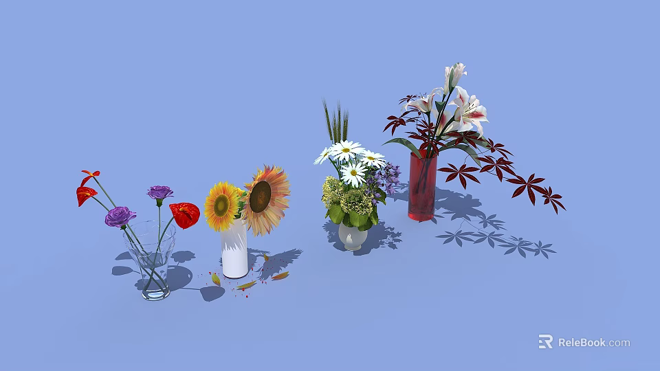 Colorful Flowers In Glass And Ceramic Vases With Blue Background And Shadows 3d model 
