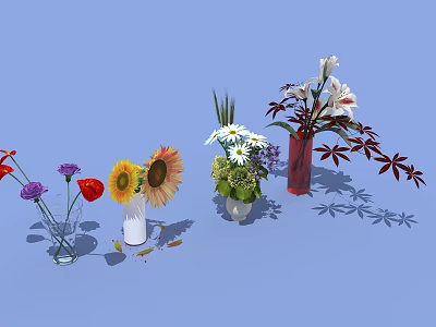 Colorful Flowers In Glass And Ceramic Vases With Blue Background And Shadows 3d model