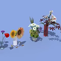 Colorful Flowers In Glass And Ceramic Vases With Blue Background And Shadows
