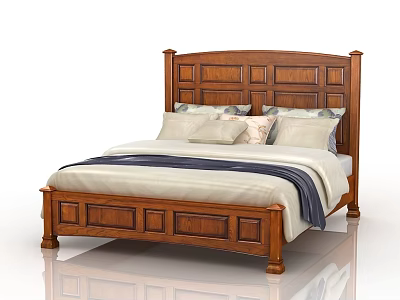 Classic Wooden Double Bed With Panel Headboard Soft Pillows And Light Bedspread 3d model