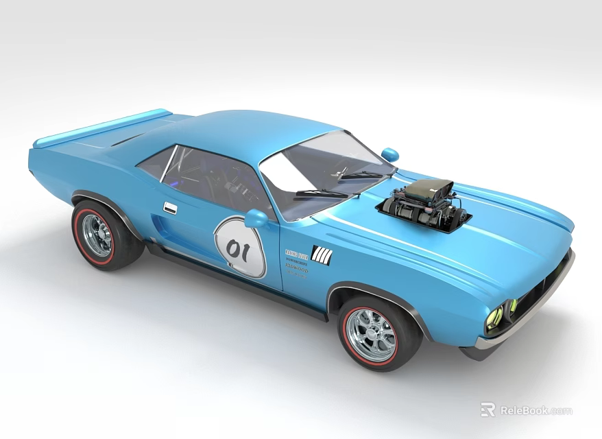 Blue Classic Muscle Car With 01 Number Open Hood Engine And Red Rims 3d model 
