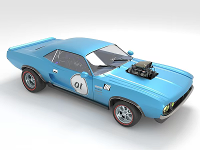 Blue Classic Muscle Car With 01 Number Open Hood Engine And Red Rims 3d model