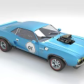 Blue Classic Muscle Car With 01 Number Open Hood Engine And Red Rims