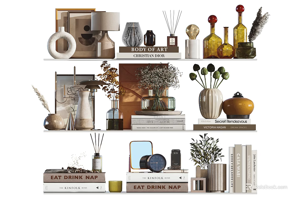 Elegant Modern Ornamental Decor Set With Vases Books Diffusers And Green Plants 3d model
