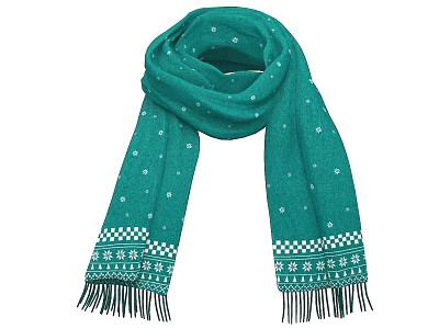 Green Scarf With White Snowflake Patterns Fringes And Decorative Borders 3d model