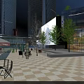 Tall Modern Commercial Street with Glass Facade Buildings Francesca's Coffee Checkerboard Plaza and Green Trees