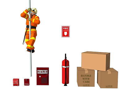Fire Safety Equipment Including Extinguisher Hydrant And Heavy With Care Boxes 3d model