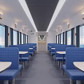 Modern Train Interior Seating Area With Blue Upholstered Seats White Tables And Windows 3d model