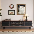 Dark Wooden TV Stand With Drawers Glass Doors Table Lamp Books And Record Player