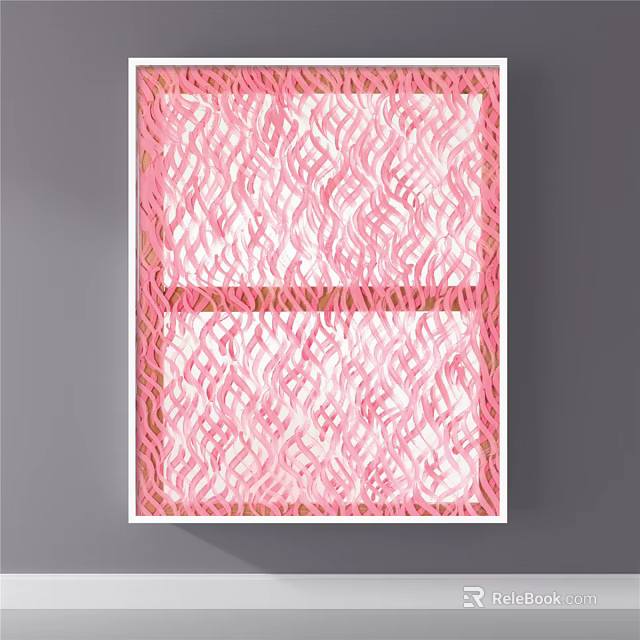 Abstract Painting With Pink White Wavy Patterns Two Sections And Gold Frame Wall Art 3d model 