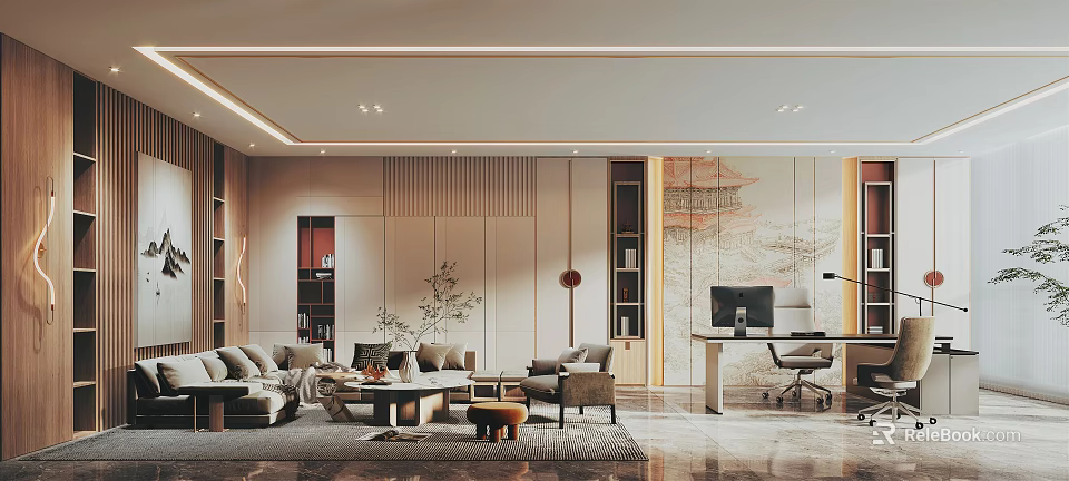 Modern Elegant Office Interior With Open Layout Sofa Coffee Table Bookshelf Desk And Computer 3d model