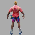 Man With Blonde Hair Wearing Pink Shirt Blue Pink Shorts White Socks And Blue Sandals