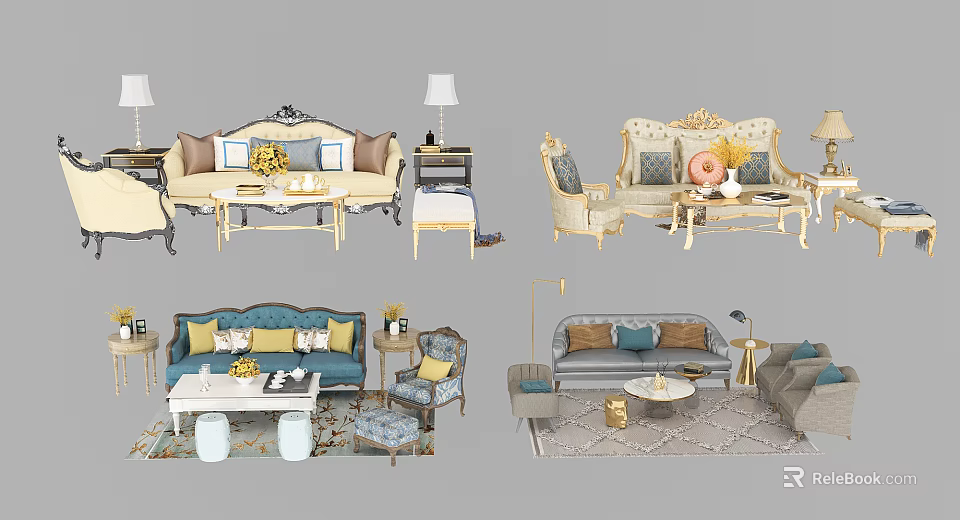 Modern Sofa Coffee Table Set With Decorative Pillows Area Rug And Side Table 3d model