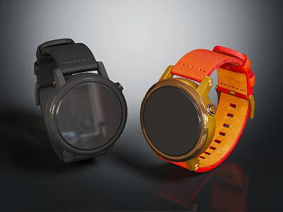 Stylish Wristwatches With Black And Orange Leather Straps Round Dials And Metal Cases 3d model