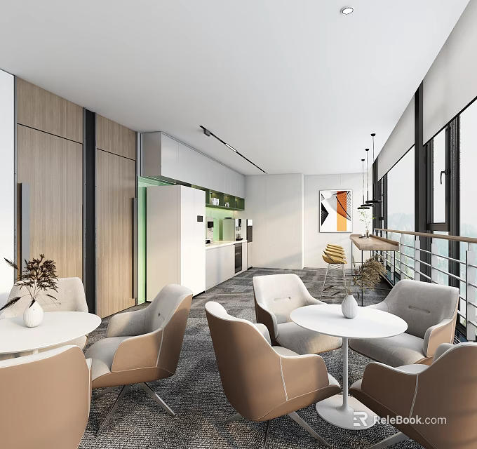 Modern Break Room Interior With Cozy Seating Round Tables Coffee Machine And Large Windows 3d model