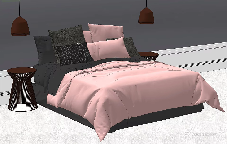 Modern Double Bed With Pink Comforter Gray Black Pillows And Pendant Lights 3d model 