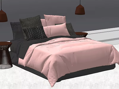 Modern Double Bed With Pink Comforter Gray Black Pillows And Pendant Lights 3d model